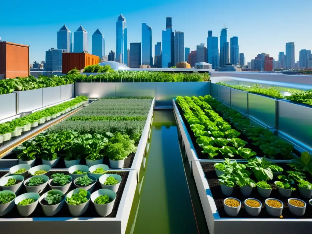 Acuaponía urbana: jardín verde en la azotea Un jardín urbano moderno con exuberantes plantas verdes y un innovador sistema de acuaponía