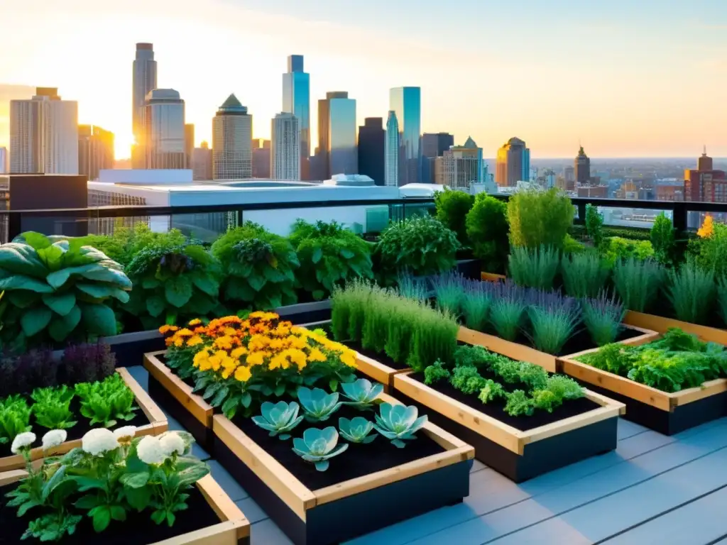 Jardín urbano moderno con frutas, verduras y hierbas coloridas en contraste con el horizonte urbano