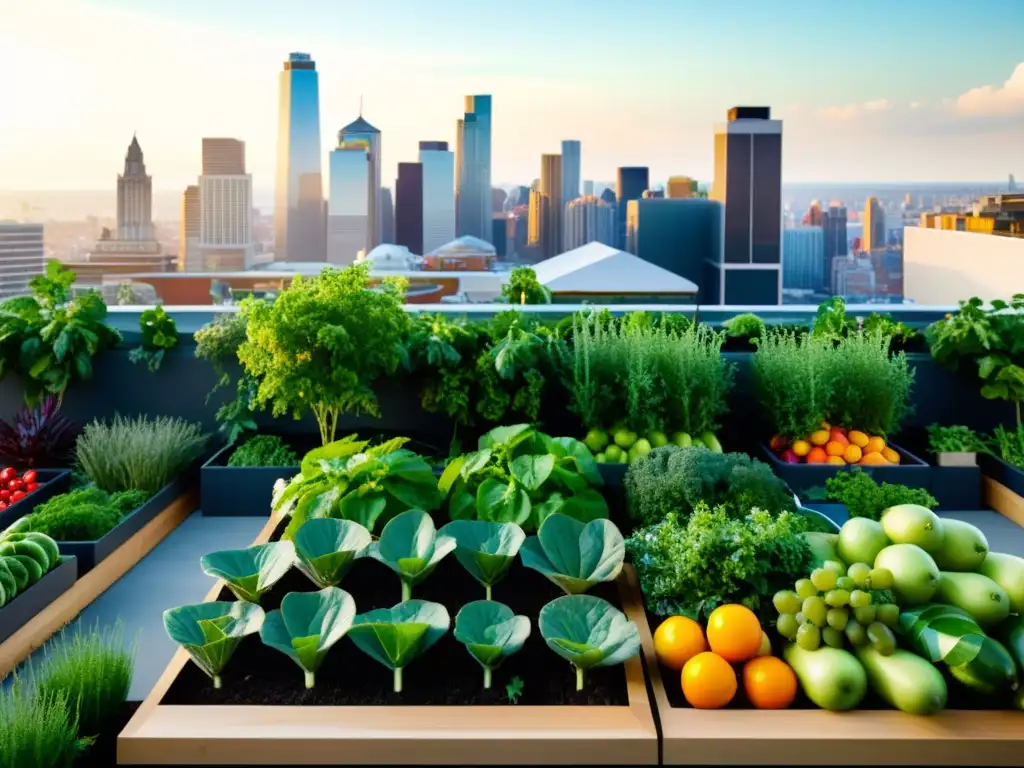 Un jardín urbano moderno con frutas, verduras y hierbas, en contraste con la ciudad