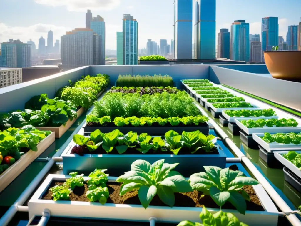 En un jardín urbano moderno, los huertos acuapónicos combaten la desnutrición urbana con verduras vibrantes y frescas