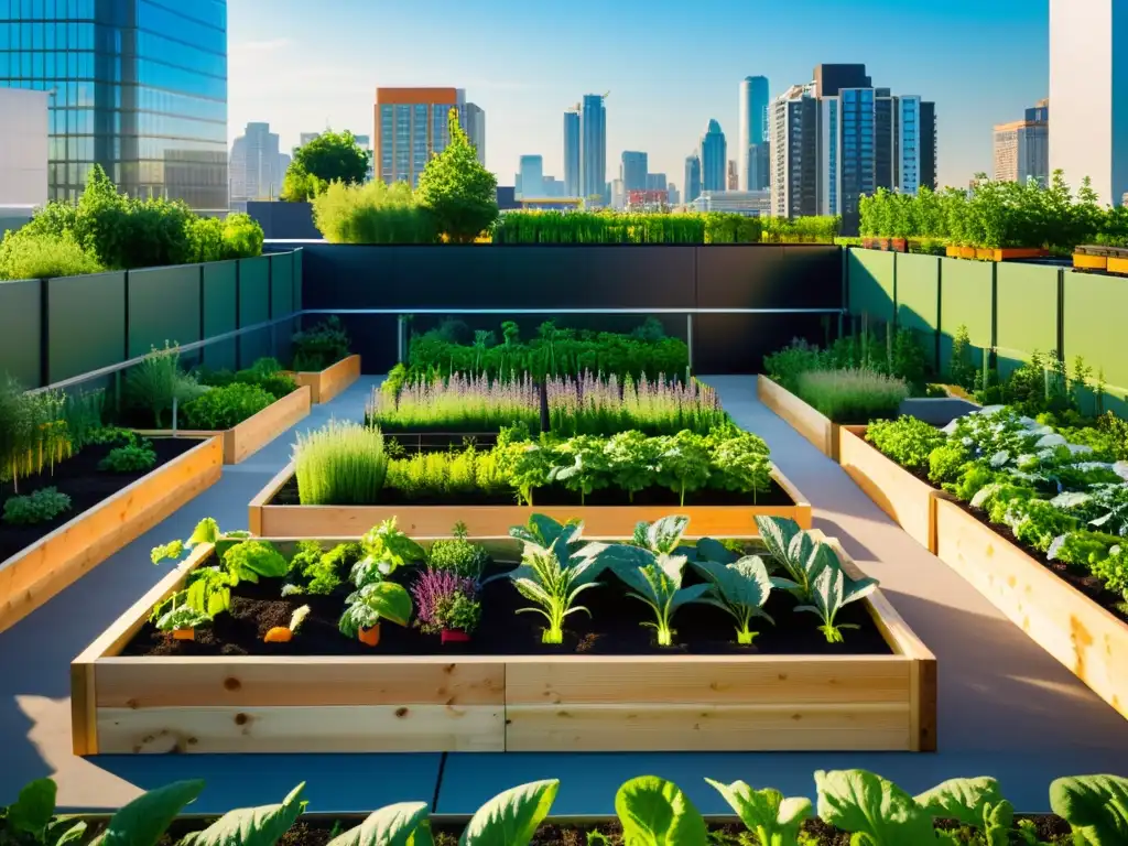 Un jardín urbano moderno con huertos elevados de verduras y hierbas, rodeado de edificios altos