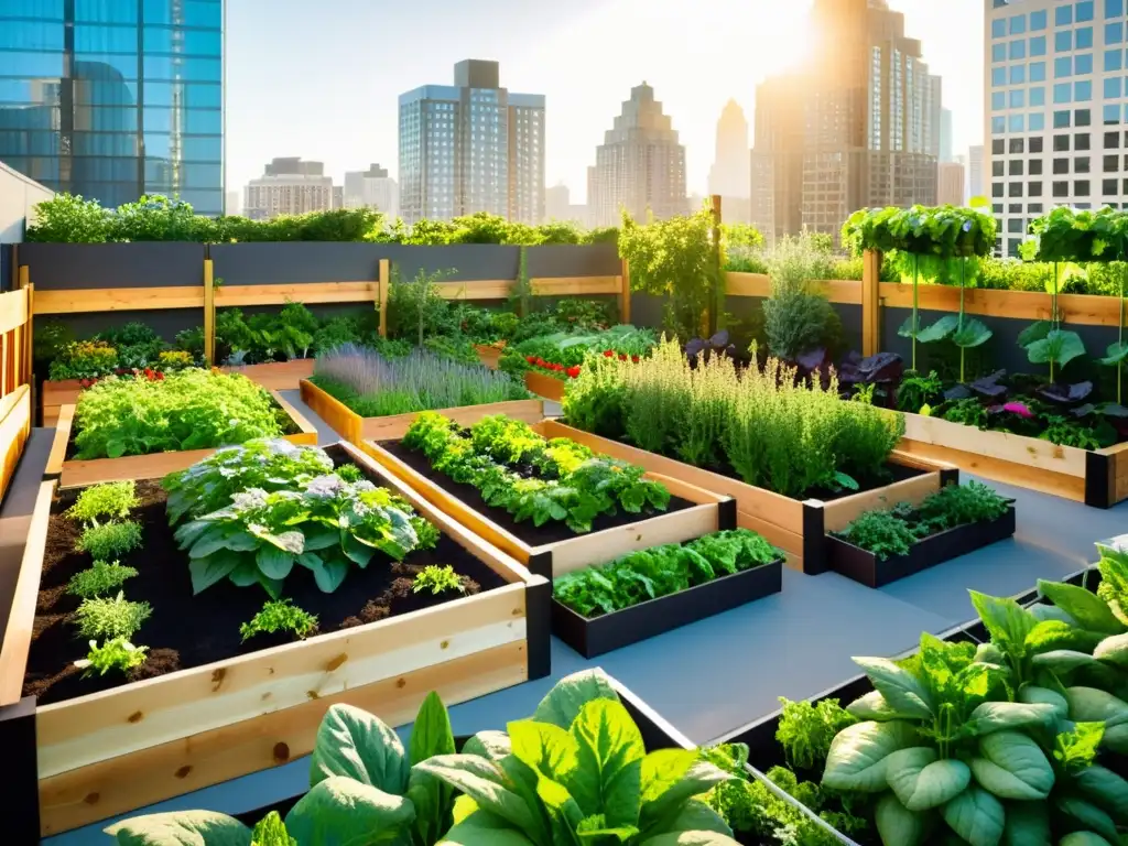 Un jardín urbano moderno con huertos elevados y enrejados, mostrando una variedad de vibrantes vegetales y hierbas