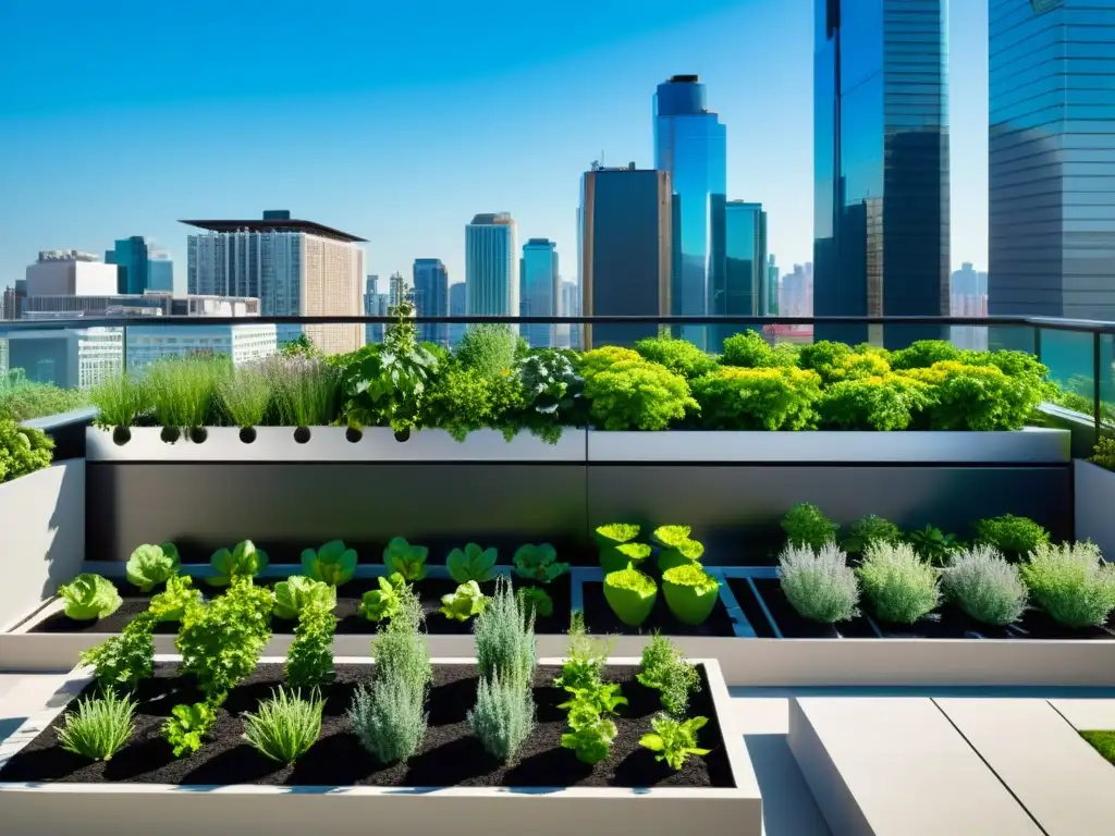 Un jardín urbano moderno con automatización para mini huertos urbanos, integrando tecnología y naturaleza en la agricultura urbana