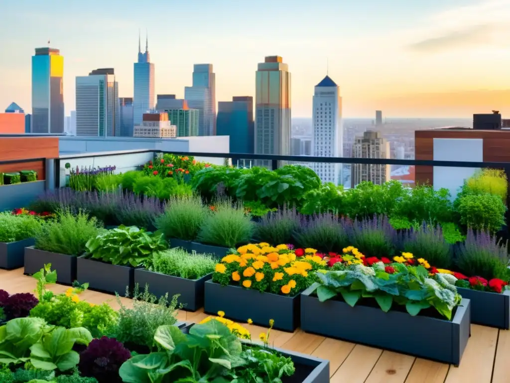 Un jardín urbano moderno con huertos verticales rebosantes de vegetación exuberante y flores coloridas, en contraste con el bullicioso paisaje urbano