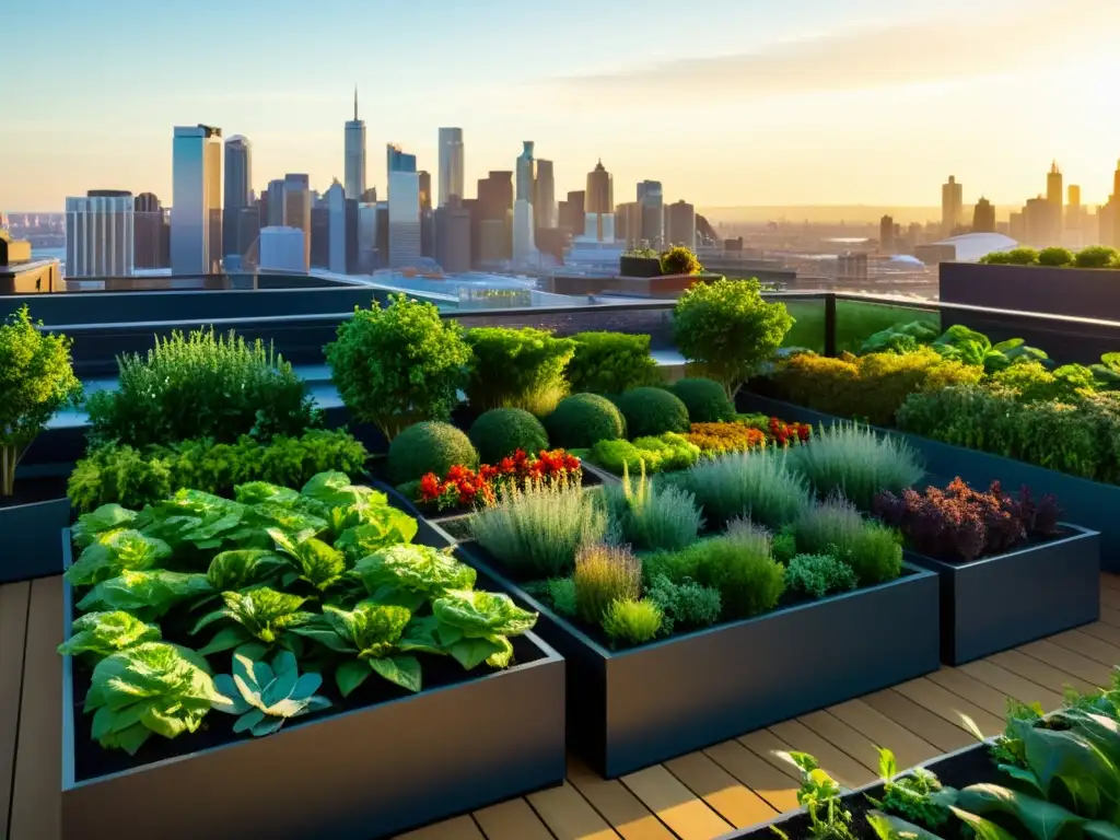 Un jardín urbano moderno con huertos verticales integrados en espacios urbanos, bañado por luz dorada y la vibrante vida de la ciudad