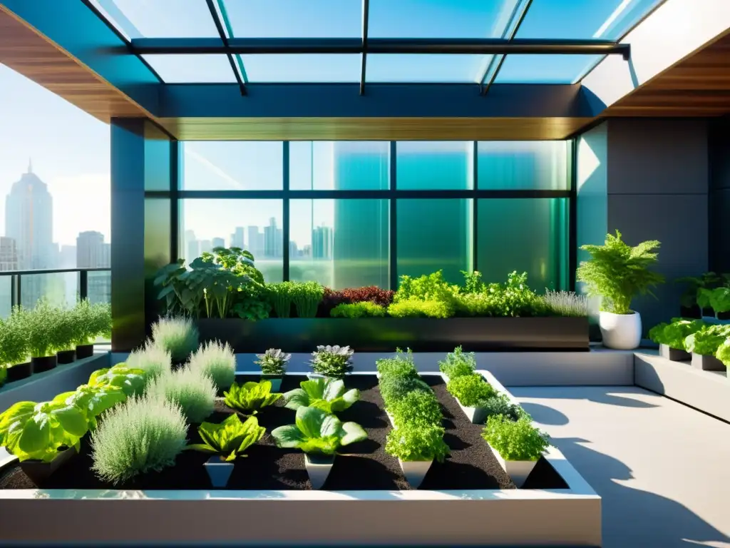 Un jardín urbano moderno e innovador integra huertos verticales en espacios urbanos, con vegetación exuberante bajo la cálida luz solar