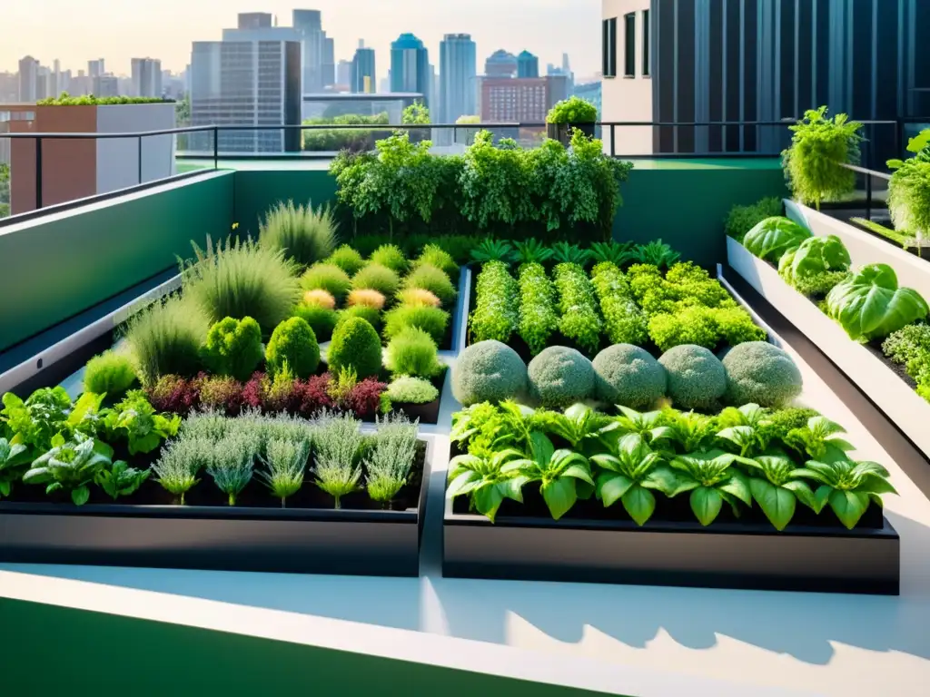 Un jardín urbano moderno lleno de vegetación exuberante, verduras vibrantes e integración IoT