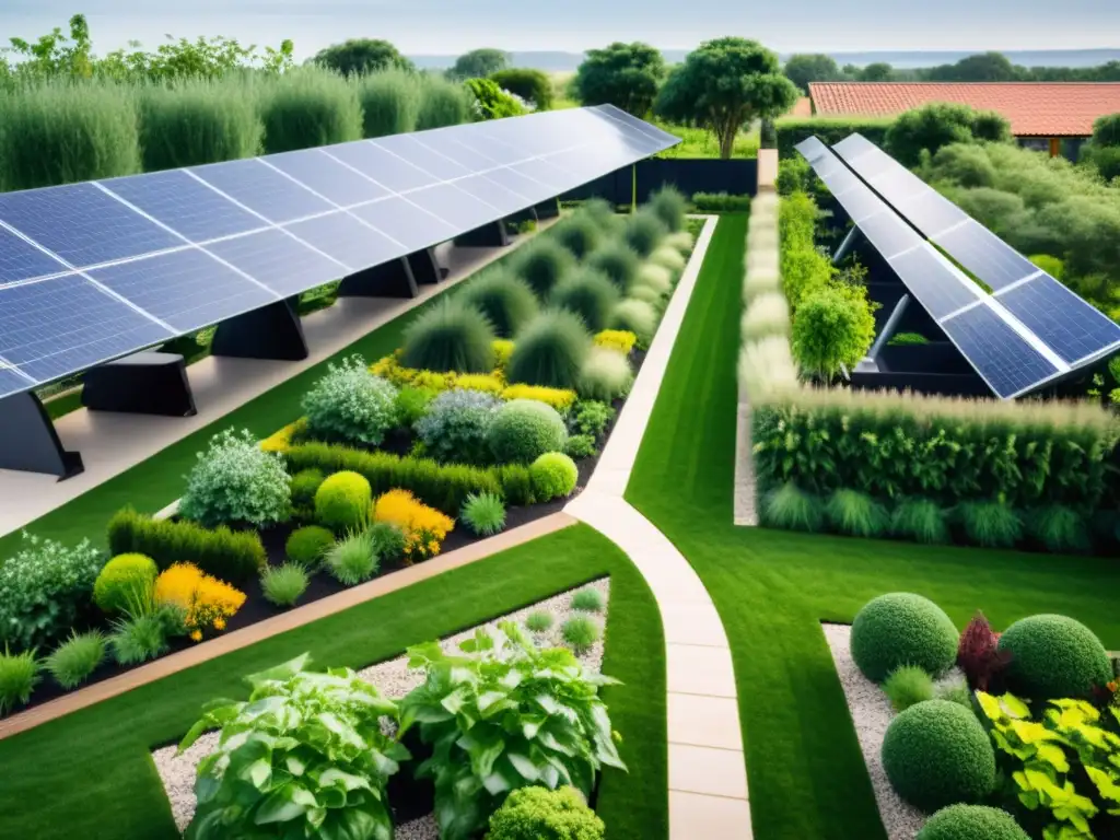 Un jardín urbano moderno lleno de vegetación vibrante y tecnologías de energía renovable, integrando paneles solares y turbinas eólicas