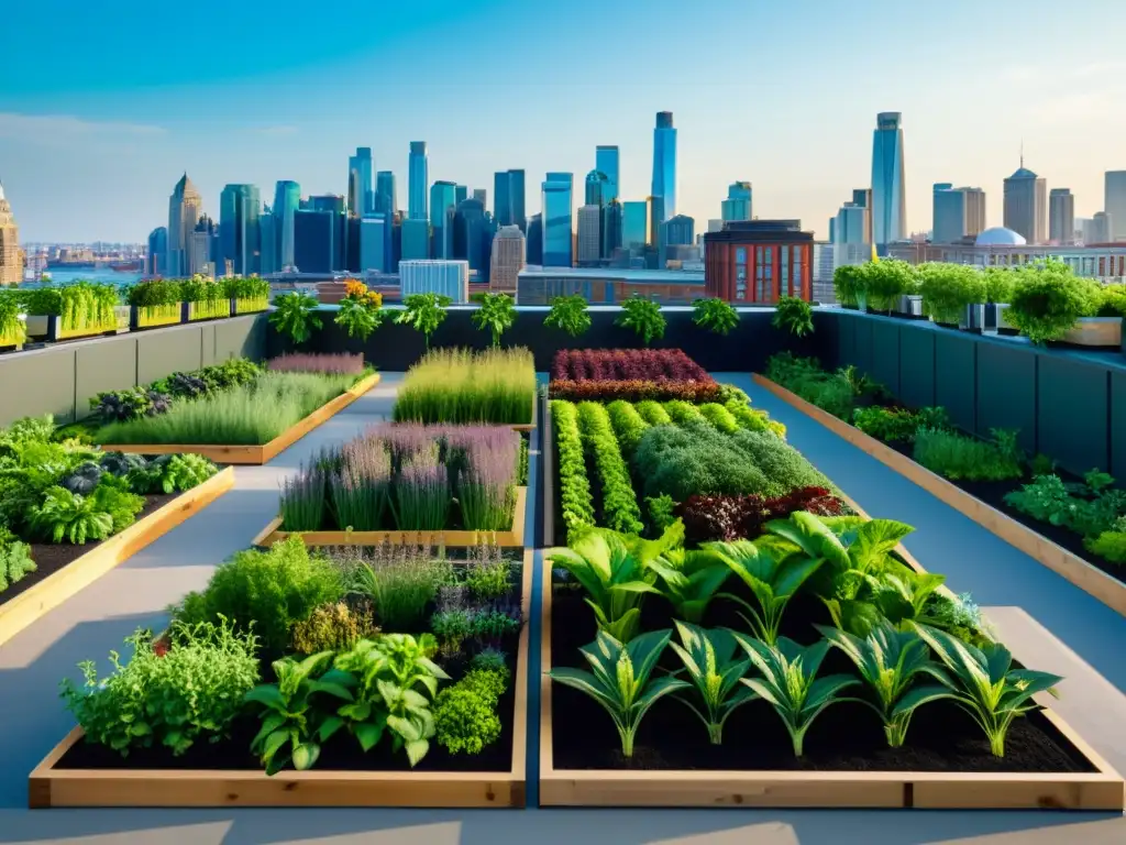 Un jardín urbano moderno con monitoreo de cultivos tecnológico en contraste con la arquitectura contemporánea y la ciudad al fondo