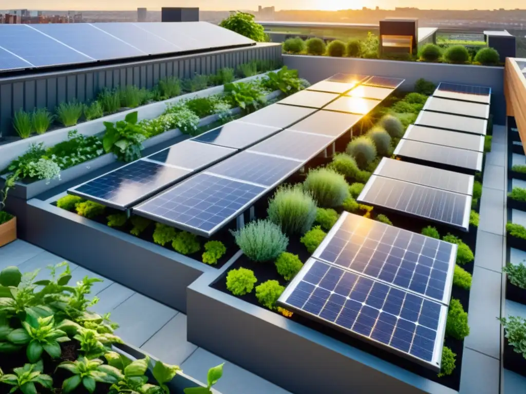 Un jardín urbano moderno con paneles solares y baterías de alta capacidad integradas