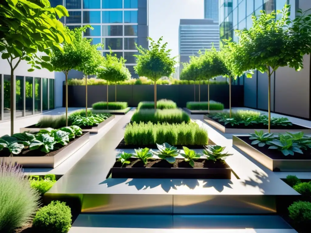 Un jardín urbano moderno con plantas exuberantes en camas elevadas de acero pulido