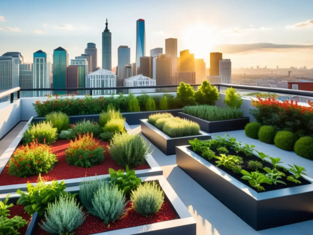 Un jardín urbano moderno con plantas exuberantes y arbustos de bayas de Goji, iluminado por el sol en la ciudad