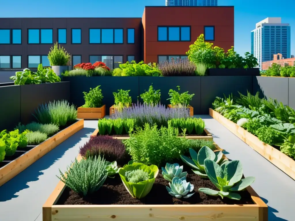 Un jardín urbano moderno con plantas para acuaponía urbana, entre rascacielos y cielo azul claro