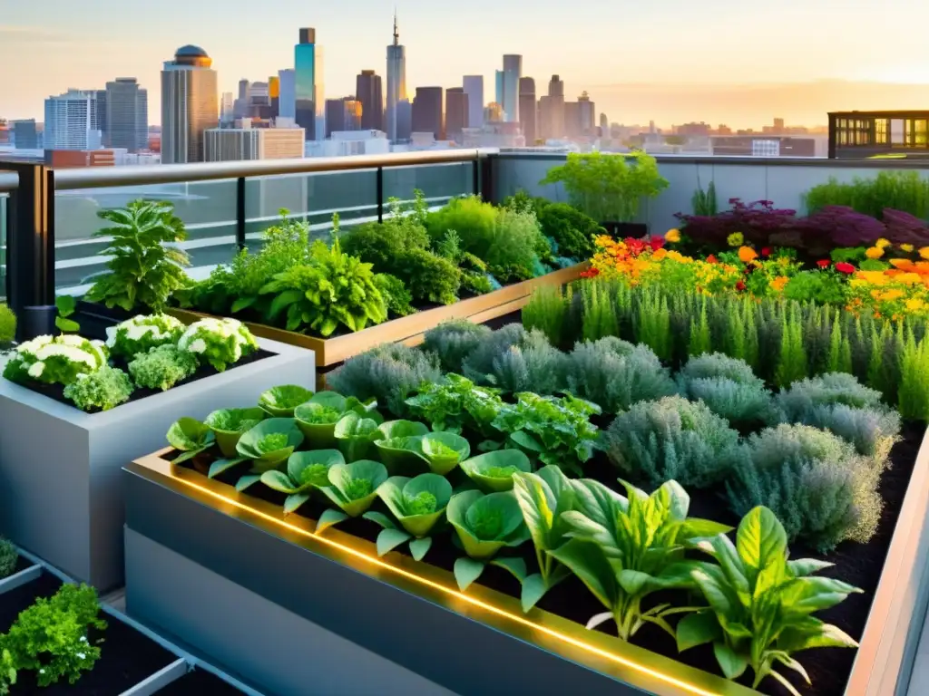 Un jardín urbano moderno con plantas vibrantes, hortalizas verdes y flores coloridas