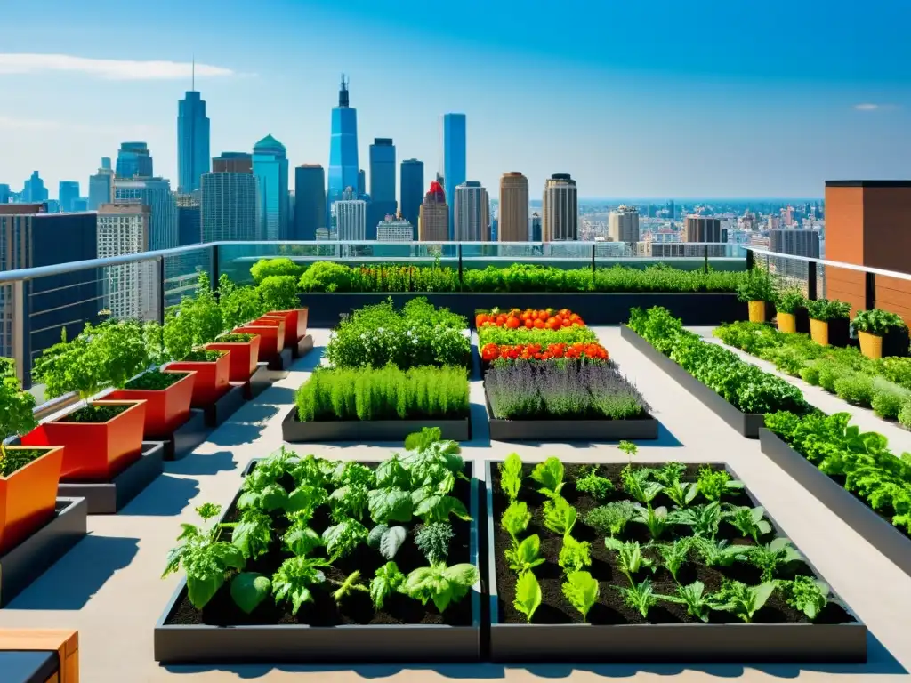 Un jardín urbano moderno rebosante de cultivos exuberantes con la ciudad de fondo