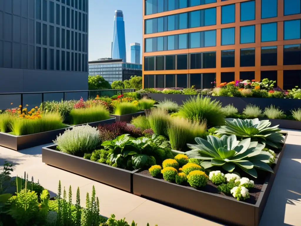 Un jardín urbano moderno repleto de plantas exuberantes y coloridas en camas elevadas y jardineras verticales