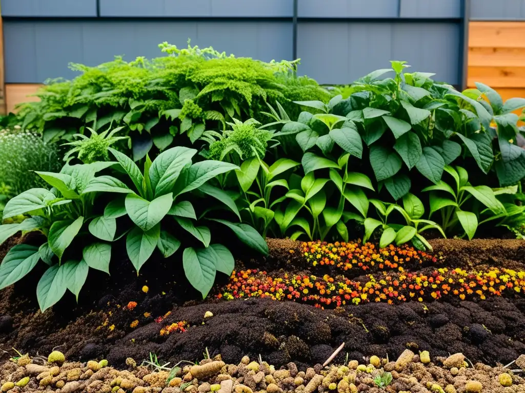 Un jardín urbano moderno exhibe la transformación de residuos de materia orgánica en tierra fértil, rodeado de plantas vibrantes