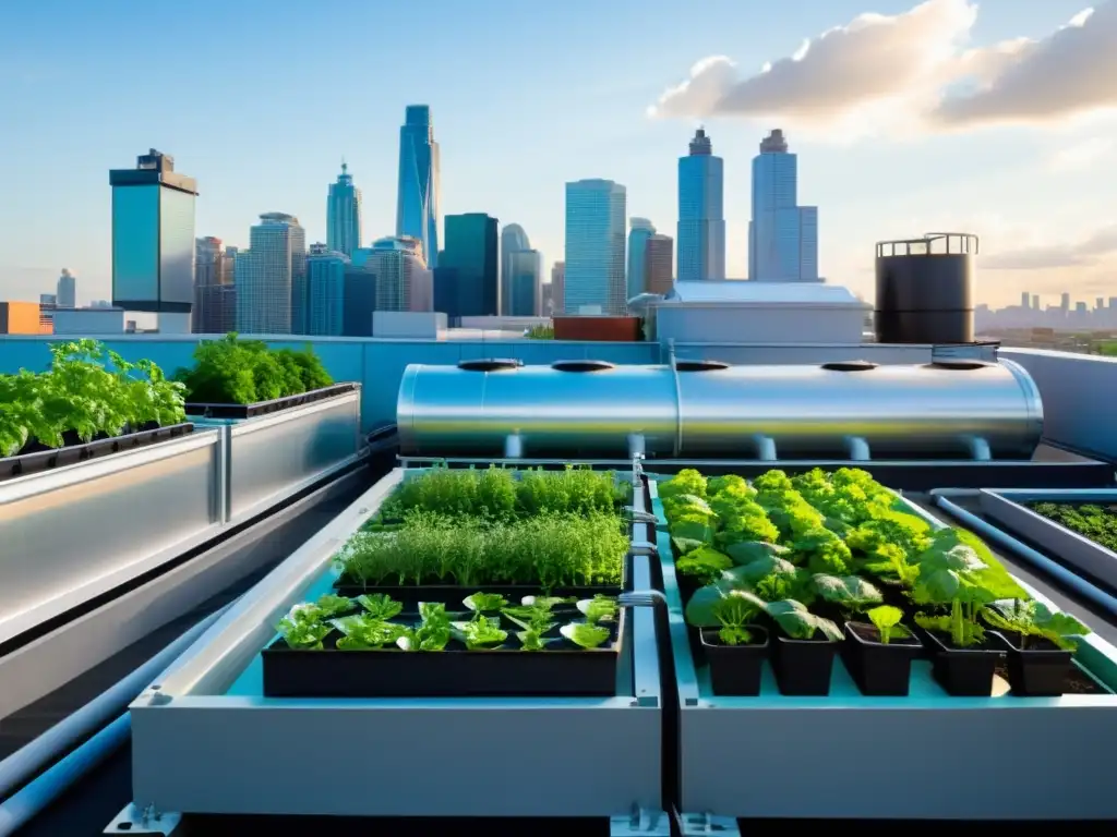 Un jardín urbano moderno con acuaponía muestra seguridad alimentaria con acuaponía urbana, con verduras coloridas y abundantes