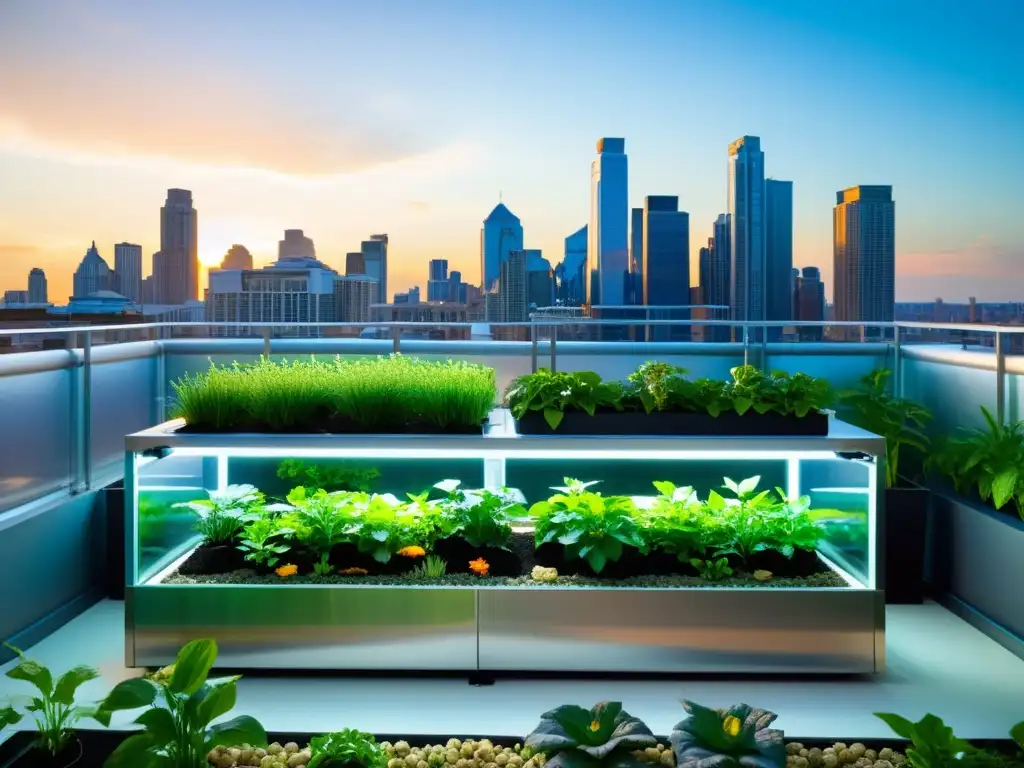 Un jardín urbano moderno con sistema acuapónico integrado en la arquitectura, exuberante vegetación y skyline urbano al atardecer