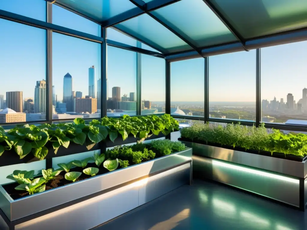 Un jardín urbano moderno con un sistema hidropónico vertical, lleno de vegetales y hierbas verdes exuberantes