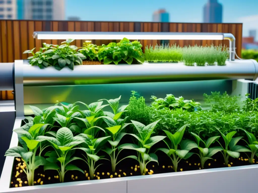 Un jardín urbano moderno muestra un sistema de acuaponía sofisticado, con verduras y hierbas creciendo en armonía