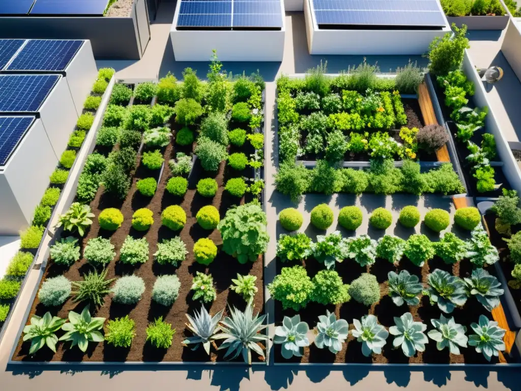 Un jardín urbano moderno con sistemas integrados para agricultura urbana, rodeado de la ciudad