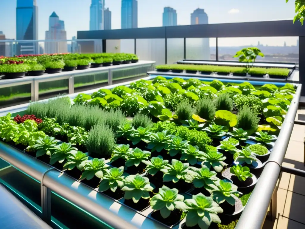 Un jardín urbano moderno con sistemas de acuaponía integrados resalta la armonía entre naturaleza y arquitectura urbana