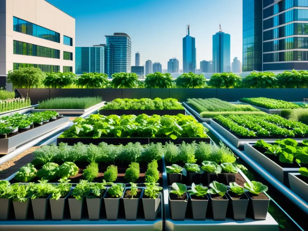 Un jardín urbano moderno con sistemas de riego automatizado, vegetales vibrantes y edificios altos