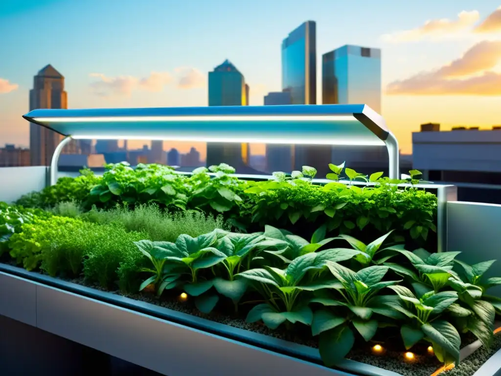 Un jardín urbano moderno con un sofisticado sistema de acuaponía que muestra exuberante vegetación, peces coloridos y tecnología avanzada