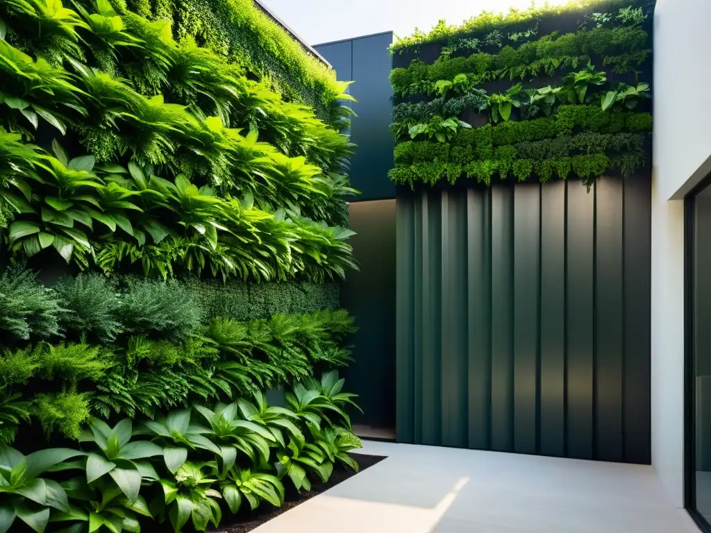 Un jardín urbano moderno con soluciones de sombra en huerto vertical, creando un muro verde exuberante en contraste con la arquitectura minimalista