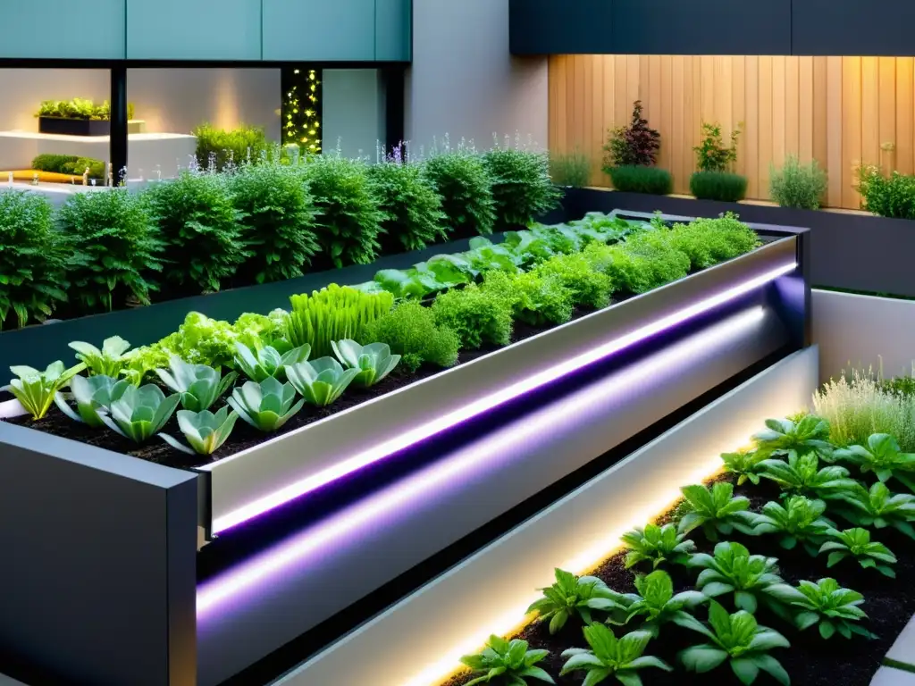 Un jardín urbano moderno con tecnología automatizada y vegetación exuberante, exhibiendo los beneficios de automatizar huerto urbano