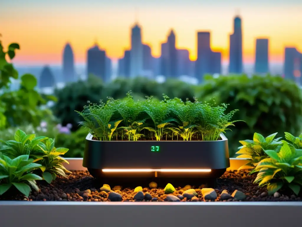 Jardín urbano moderno con trampas inteligentes para plagas urbanas integradas entre plantas vibrantes y prósperas, fusionando naturaleza y tecnología