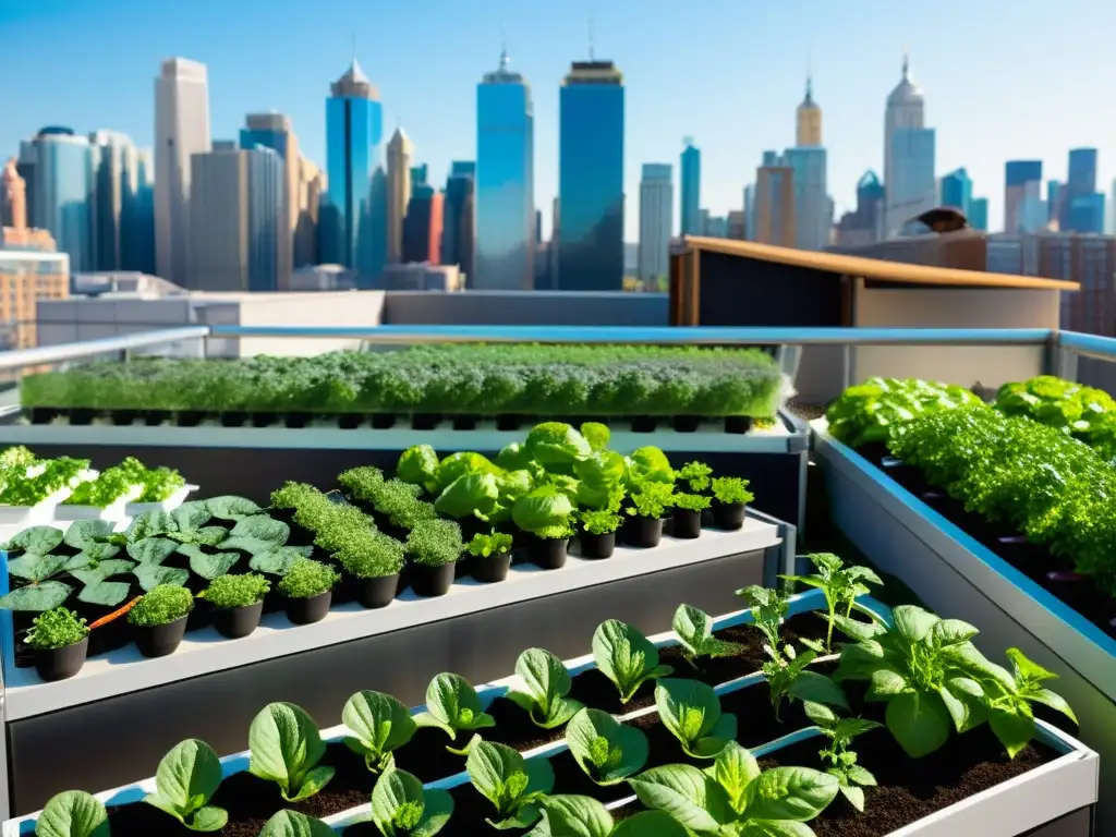 Un jardín urbano moderno con acuaponía exhibe una variedad exuberante de vegetales orgánicos con el horizonte de la ciudad de fondo