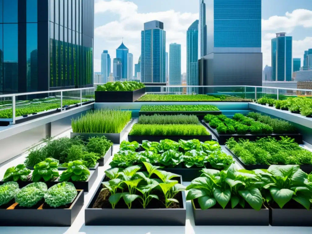 Un jardín urbano moderno con vegetales y hierbas en sistemas acuapónicos, integrado en la ciudad