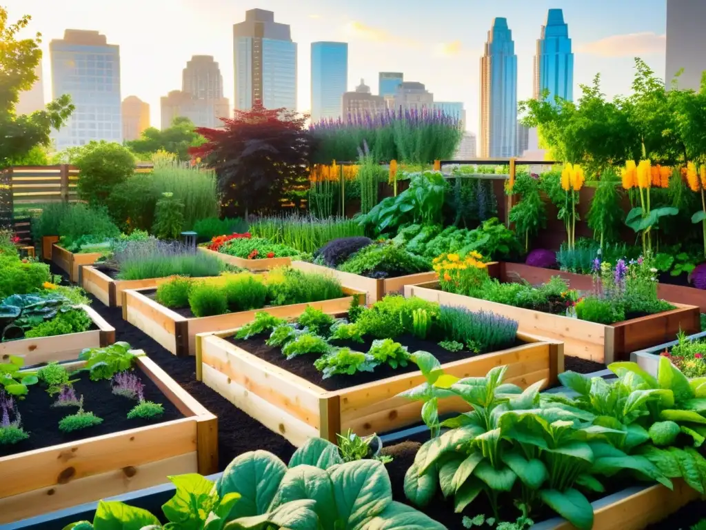 Jardín urbano moderno con vegetales y hierbas coloridos y prósperos