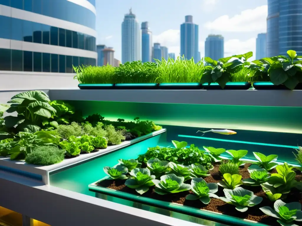 Un jardín urbano de acuaponía moderno con vegetales verdes exuberantes y peces vibrantes, en un escenario de arquitectura urbana futurista