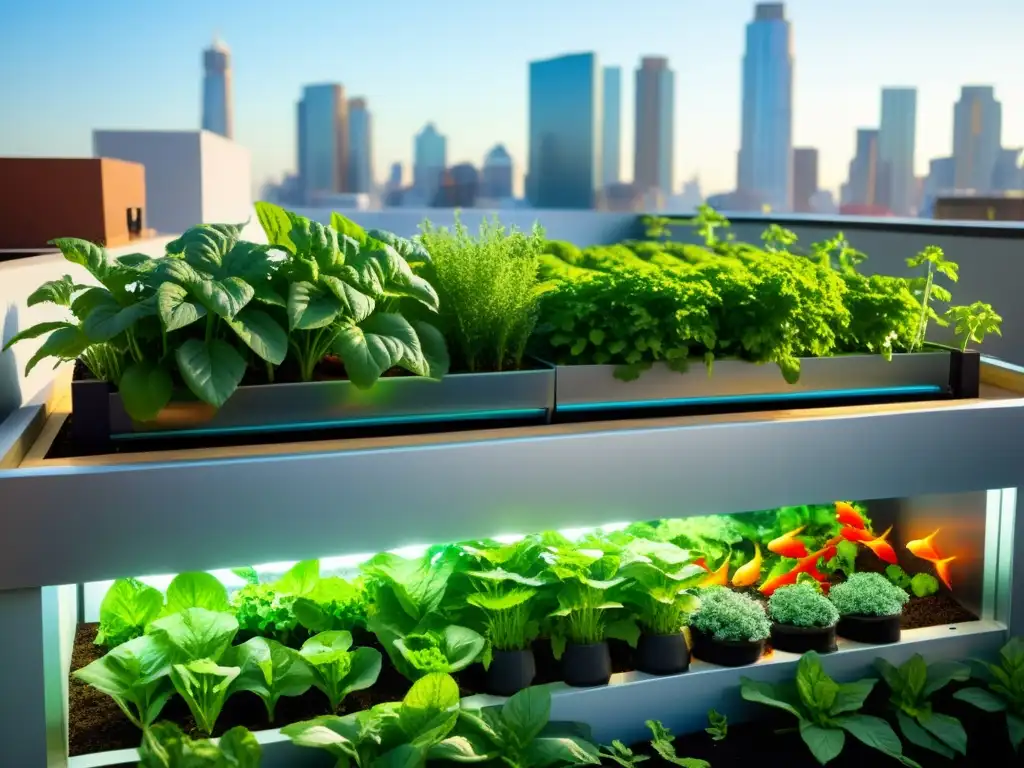 Un jardín urbano moderno con verduras exuberantes y peces de colores en un sistema acuapónico