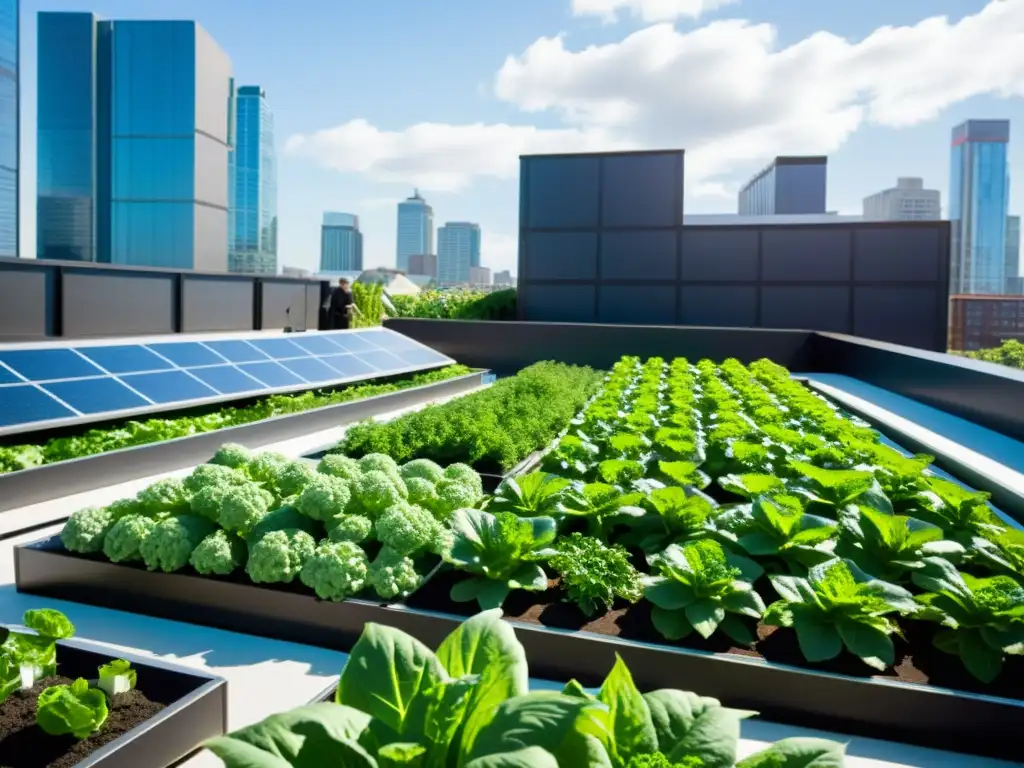 Un jardín urbano moderno con verduras verdes en sistemas acuapónicos