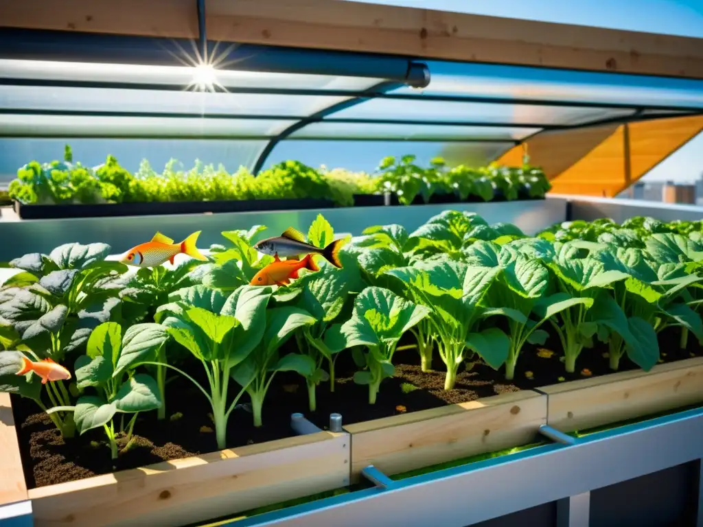 Un jardín urbano moderno y vibrante con acuaponía para agricultura urbana, lleno de verduras verdes y peces coloridos nadando en el sistema acuapónico