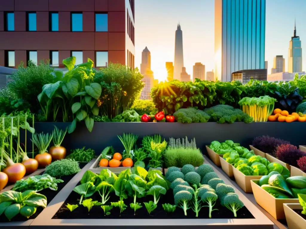 Un jardín urbano moderno y vibrante con alimentos funcionales cultivados en la ciudad