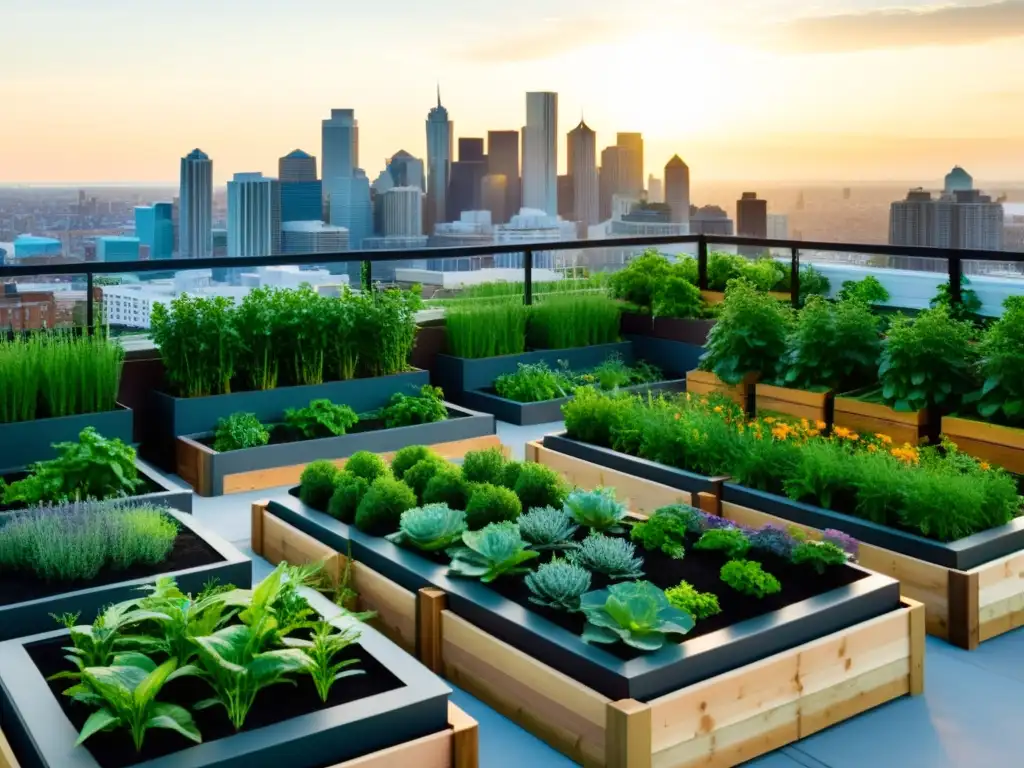 Un jardín urbano moderno y vibrante en la azotea con plantas exuberantes y la ciudad de fondo