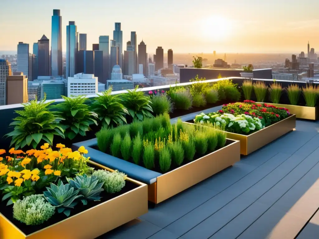 Un jardín urbano moderno y vibrante bañado por la luz dorada, resaltando los beneficios de automatizar huerto urbano