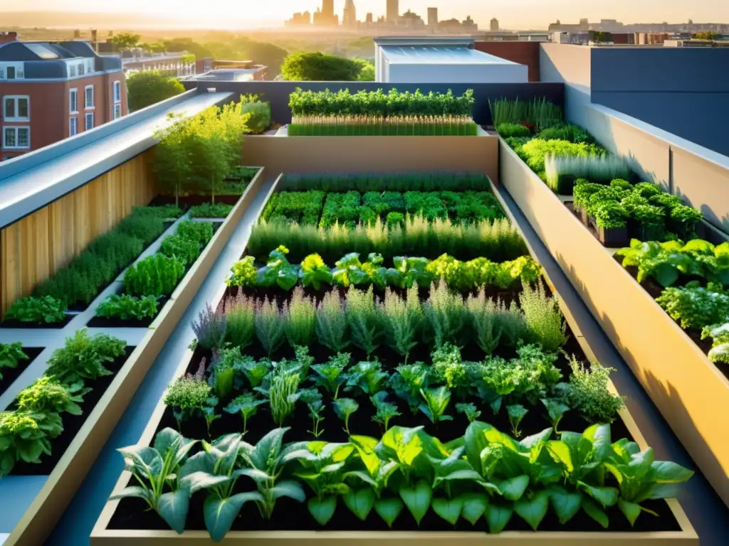 Un jardín urbano moderno y vibrante, con cultivos verdes bañados por la luz dorada del sol