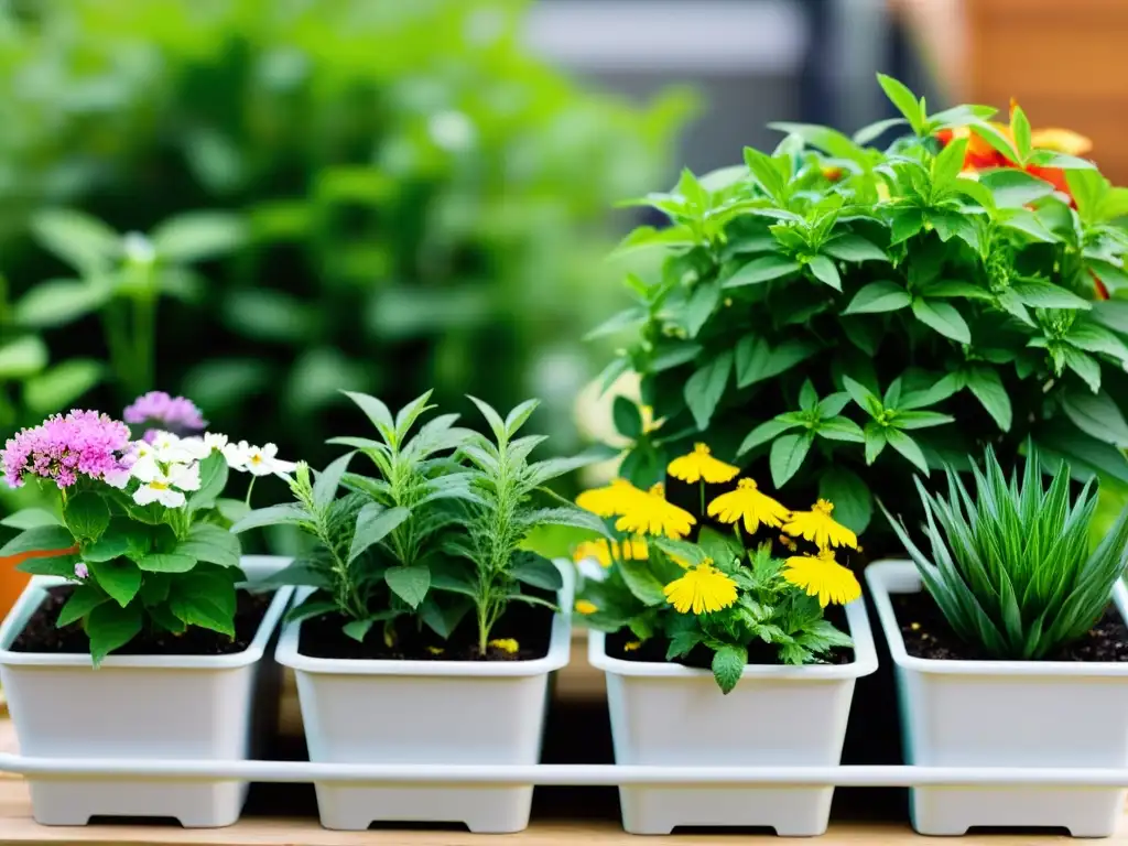 Un jardín urbano moderno y vibrante con hierbas medicinales en espacios reducidos, rebosante de vitalidad y color