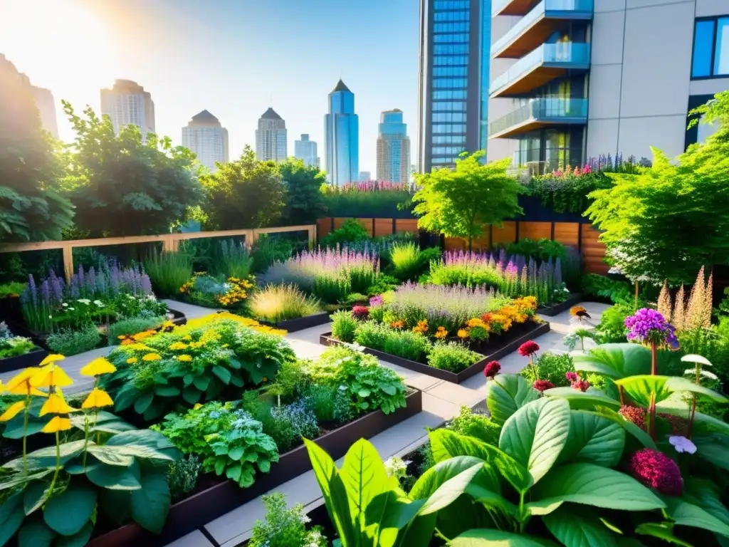 Un jardín urbano moderno y vibrante con biodiversidad en huertos urbanos, integrando naturaleza en un entorno urbano