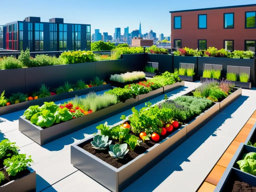 Un jardín urbano moderno y vibrante con huertos elevados llenos de vegetales y frutas coloridas, bañado por la cálida luz del sol