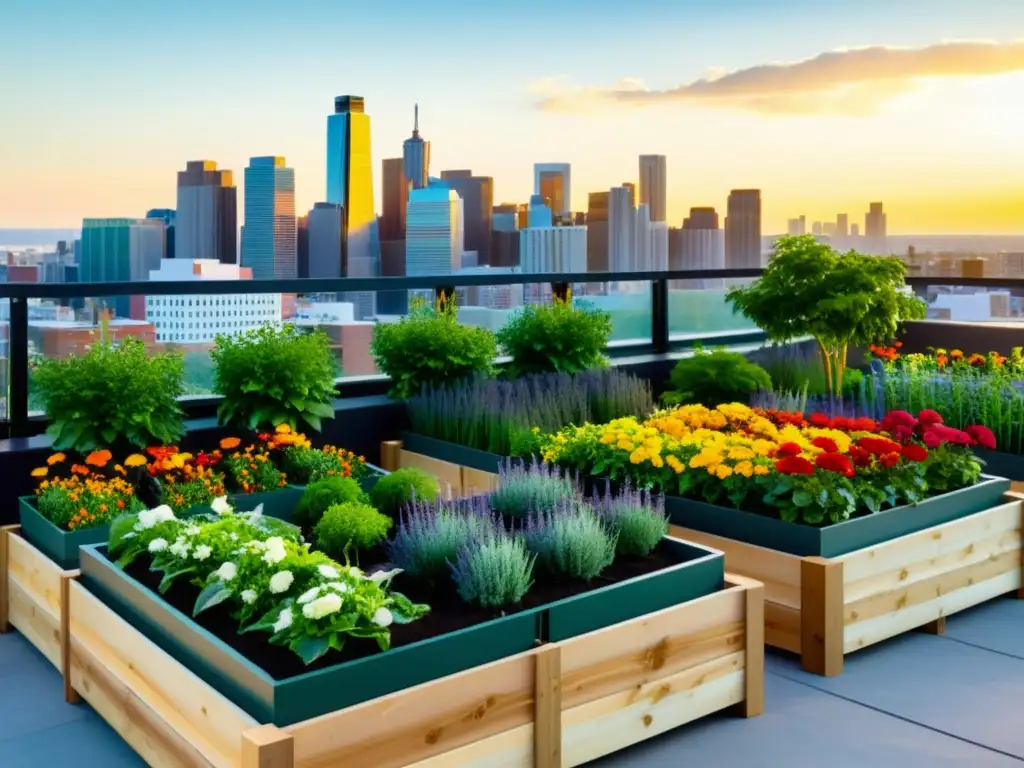 Un jardín urbano moderno y vibrante con huertos elevados llenos de vegetación exuberante y flores coloridas