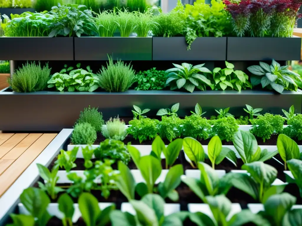 Un jardín urbano moderno y vibrante con automatización para mini huertos urbanos, lleno de vegetales y hierbas saludables