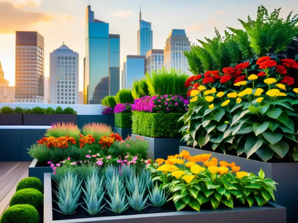 Un jardín urbano moderno y vibrante con huertos verticales para agricultura urbana, resaltando la belleza de la naturaleza en la ciudad