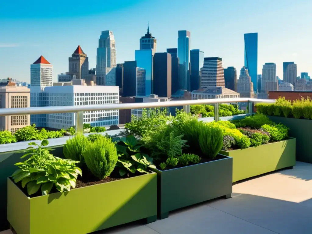 Un jardín urbano moderno con vegetación vibrante, jardineras ordenadas y un telón de fondo del horizonte de la ciudad